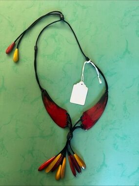 Handcrafted Red and Yellow Statement Necklace - can be long or choker